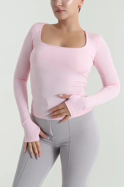 Pembe Kare Yaka Scuba Kadın Bluz 483677