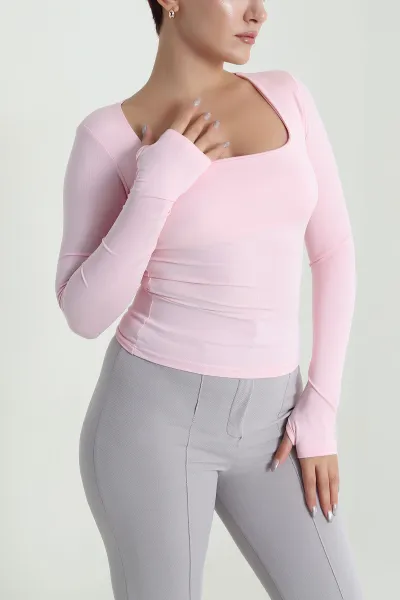 Pembe Kare Yaka Scuba Kadın Bluz 483677