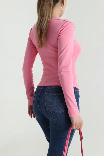 Pembe Kare Yaka Viskon Kadın Bluz 484475