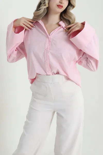pembe-katlama-kollu-keten-kadin-gomlek-470831