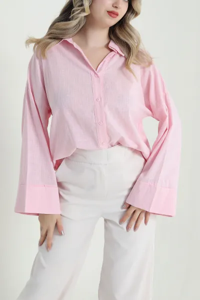 Pembe Katlama Kollu Keten Kadın Gömlek 470831