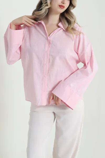 Pembe Katlama Kollu Keten Kadın Gömlek 470831