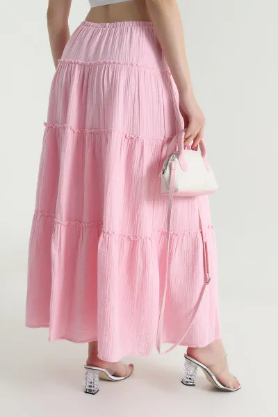 Pembe Katlı Astarlı Müslin Kadın Etek 475804