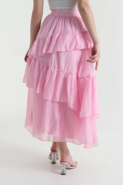 Pembe Katlı Tensel Kadın Etek 461316