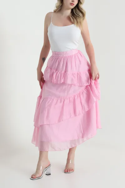 Pembe Katlı Tensel Kadın Etek 461316