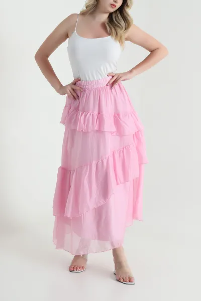Pembe Katlı Tensel Kadın Etek 461316