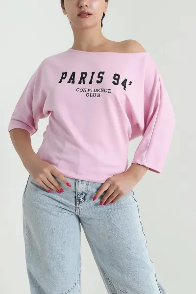 Pembe Kayık Yaka Baskılı Oysho Kadın Tişört 476426