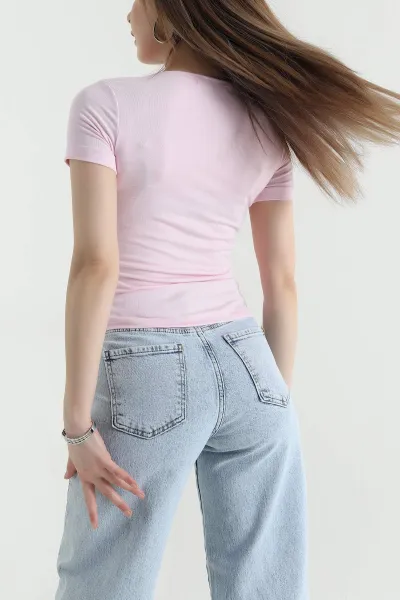 Pembe Kayık Yaka Buzzy Kadın Bluz 439603