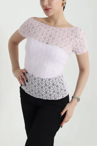Pembe Kayık Yaka Dantelli Tül Kadın Bluz 454023