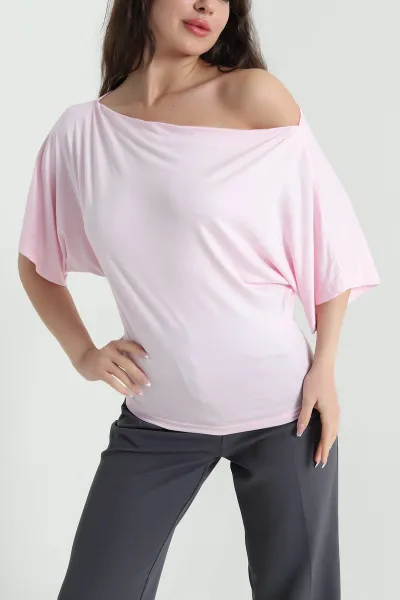 Pembe Kayık Yaka Likralı Oysho Kadın Bluz 455993