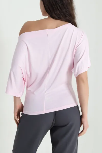 Pembe Kayık Yaka Likralı Oysho Kadın Bluz 455993