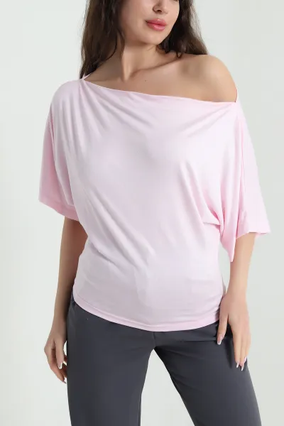 Pembe Kayık Yaka Likralı Oysho Kadın Bluz 455993