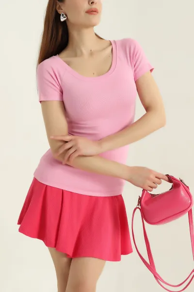 Pembe Kayık Yaka Ribana Kadın Bluz 364884