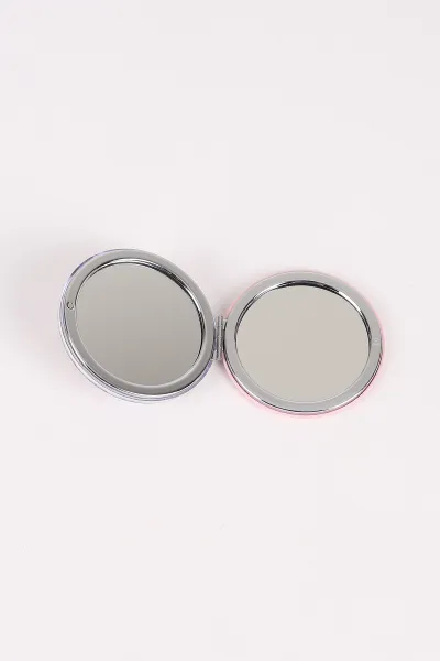 Pembe Kelebek Baskılı  Kapağı Sulu ve Pullu Oval Cep ve Çanta Aynası 473899