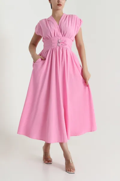Pembe Kemer Detay Poplin Kadın Elbise 478148