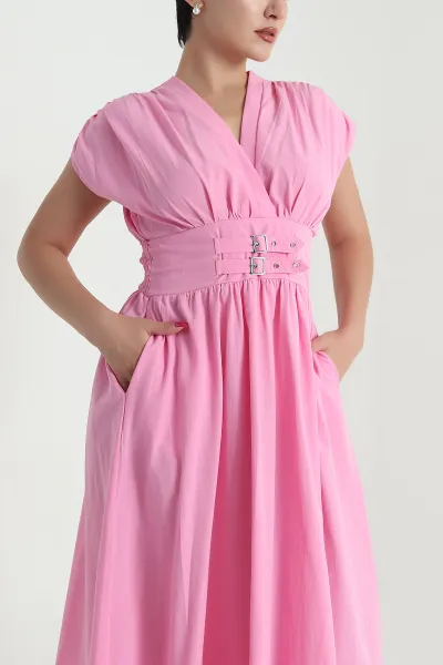Pembe Kemer Detay Poplin Kadın Elbise 478148