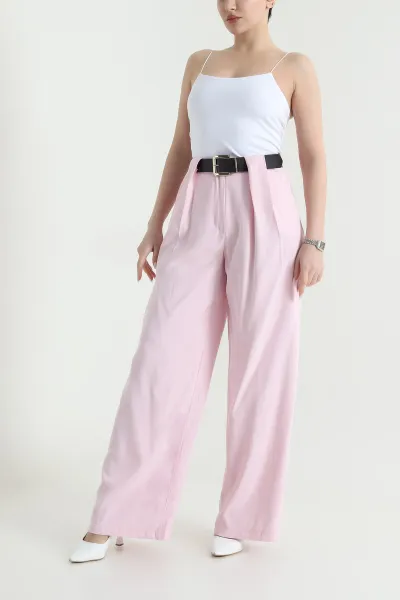 Pembe Kemerli Kadın Diagonal Modal Salaş Pantolon 447817
