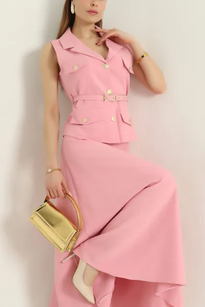 Pembe Kemerli Yelek Etek Kadın İkili Takım 357116
