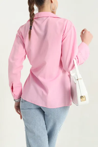 Pembe Kendinden Kemerli Kadın Poplin Bluz 342851