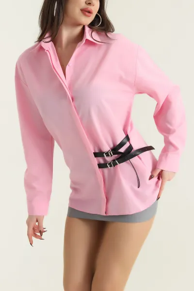 Pembe Kendinden Kemerli Poplin Kadın Gömlek 434693