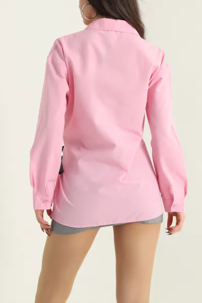 Pembe Kendinden Kemerli Poplin Kadın Gömlek 434693