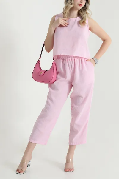 Pembe Keten Bluz Pantolon Kadın İkili Takım 467344
