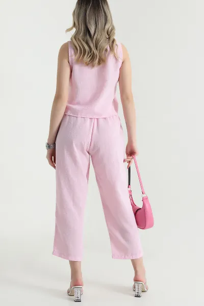 Pembe Keten Bluz Pantolon Kadın İkili Takım 467344
