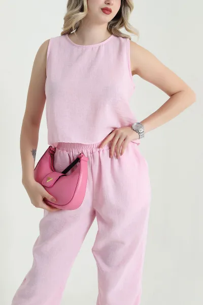 Pembe Keten Bluz Pantolon Kadın İkili Takım 467344