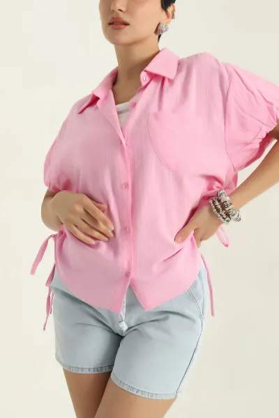 Pembe Keten Büzmeli Balon Kol Kadın Gömlek 369024
