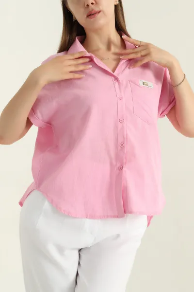 Pembe Keten Düğmeli Yarım Kol Kadın Gömlek 369051