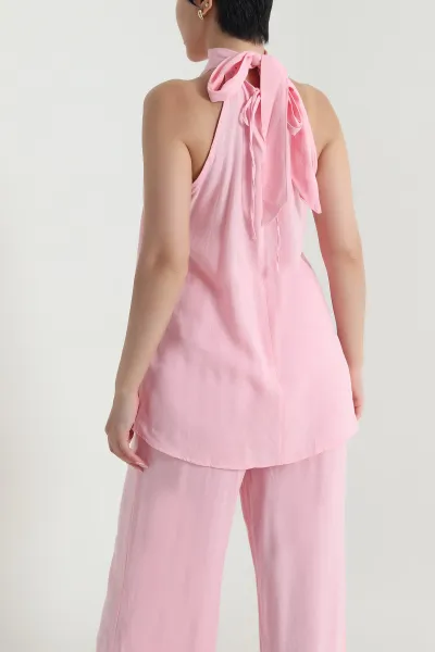 Pembe Keten Flamlı Bluz Pantolon Kadın İkili Takım 464772
