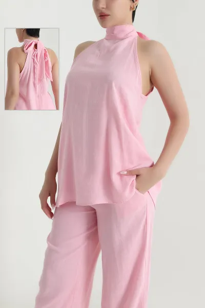 Pembe Keten Flamlı Bluz Pantolon Kadın İkili Takım 464772