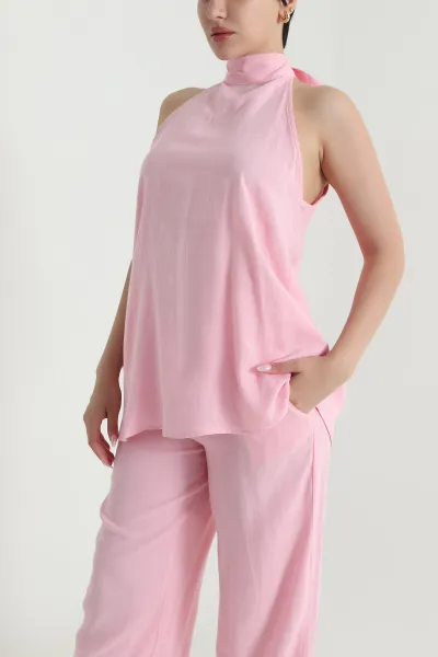 Pembe Keten Flamlı Bluz Pantolon Kadın İkili Takım 464772