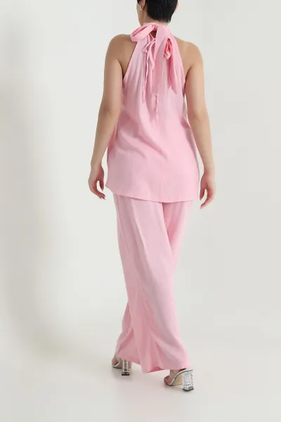Pembe Keten Flamlı Bluz Pantolon Kadın İkili Takım 464772
