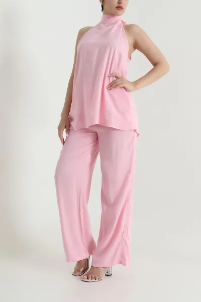 Pembe Keten Flamlı Bluz Pantolon Kadın İkili Takım 464772
