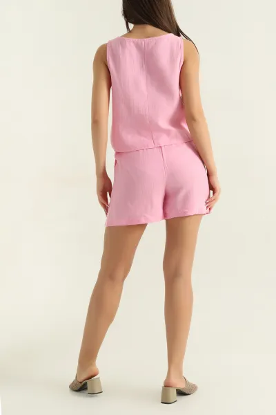 Pembe Keten Kumaş Şortu Kadın İkili Takım 368211