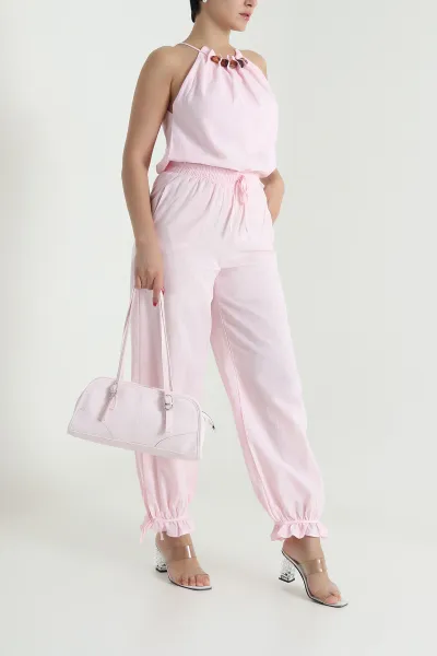 Pembe Keten Pantolon Bluz Kadın İkili Takım 478078