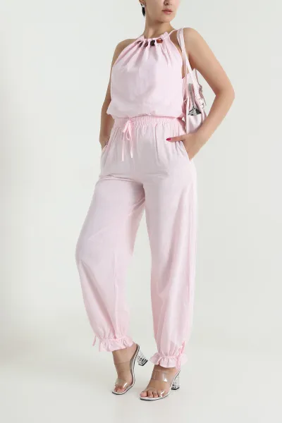 Pembe Keten Pantolon Bluz Kadın İkili Takım 478078