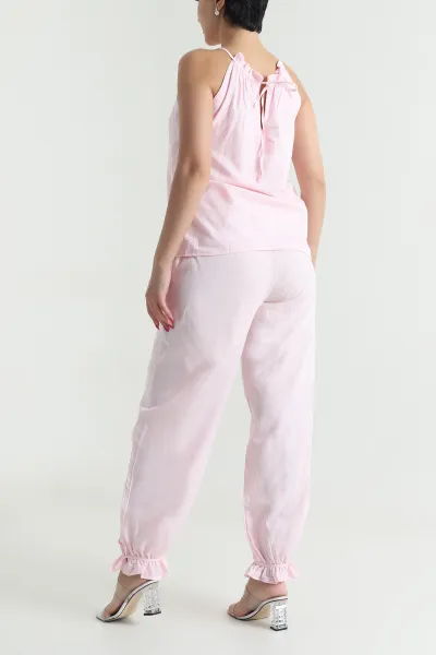 Pembe Keten Pantolon Bluz Kadın İkili Takım 478078