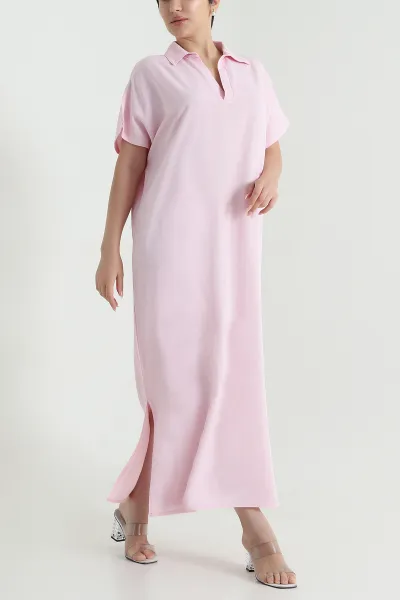 Pembe Keten Rahat Kalıp Kadın Elbise 467860