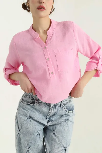 Pembe Keten Tek Cep Bayan Gömlek 336909