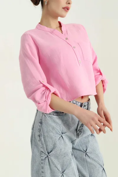 Pembe Keten Tek Cep Bayan Gömlek 336909