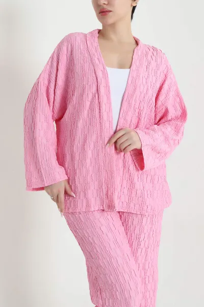 Pembe Kimono Pantolon Gofre Kadın İkili Takım 458357