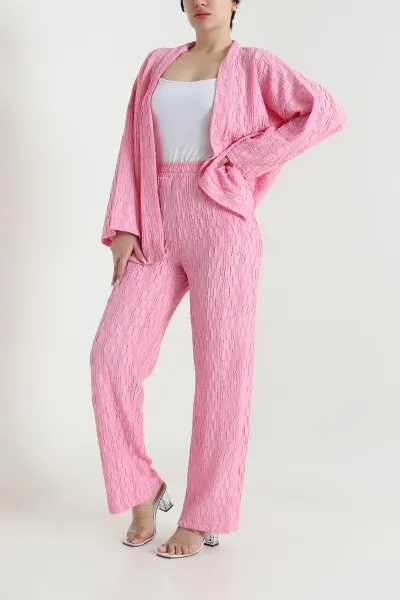 Pembe Kimono Pantolon Gofre Kadın İkili Takım 458357