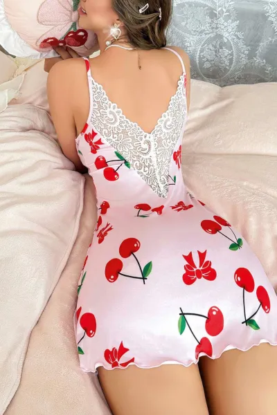 Pembe Kiraz Desenli Askılı Kadın Mini Elbise 476820
