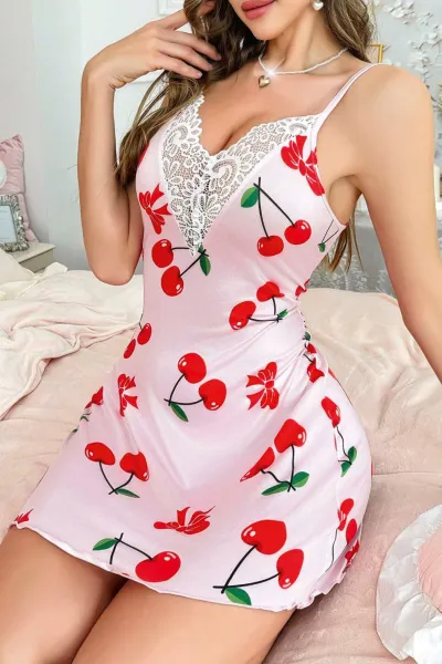 Pembe Kiraz Desenli Askılı Kadın Mini Elbise 476820