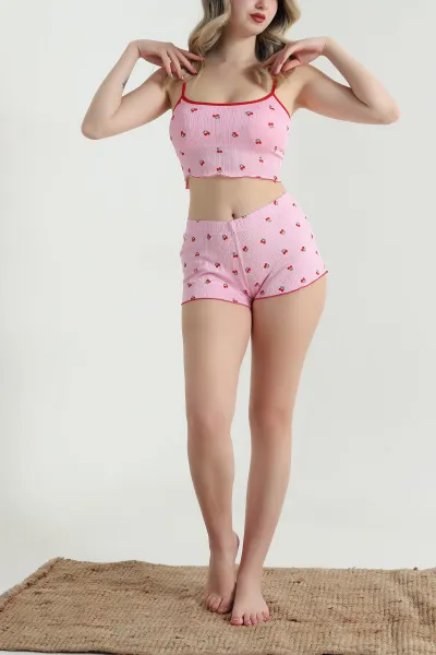 Pembe Kiraz Desenli Kadın Şortlu Takım 466605