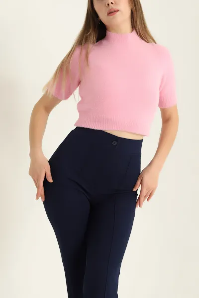 Pembe Kısa Kol Keçe Sakal Triko Bluz 316641