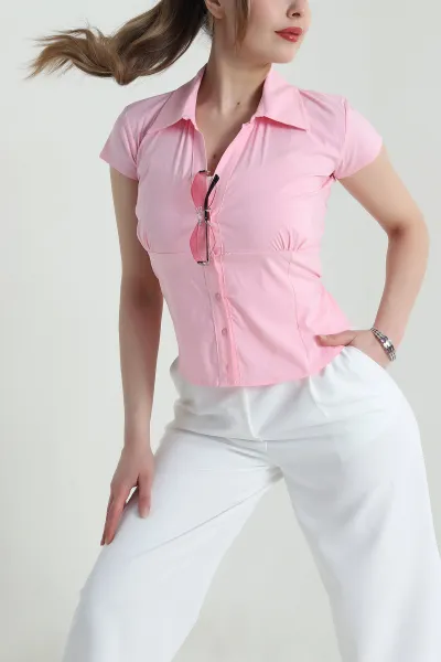 Pembe Kısa Kol Poplin Kadın Gömlek Bluz 458768