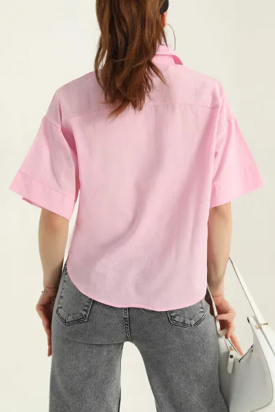 Pembe Kısa Kollu Kadın Keten Gömlek 366350